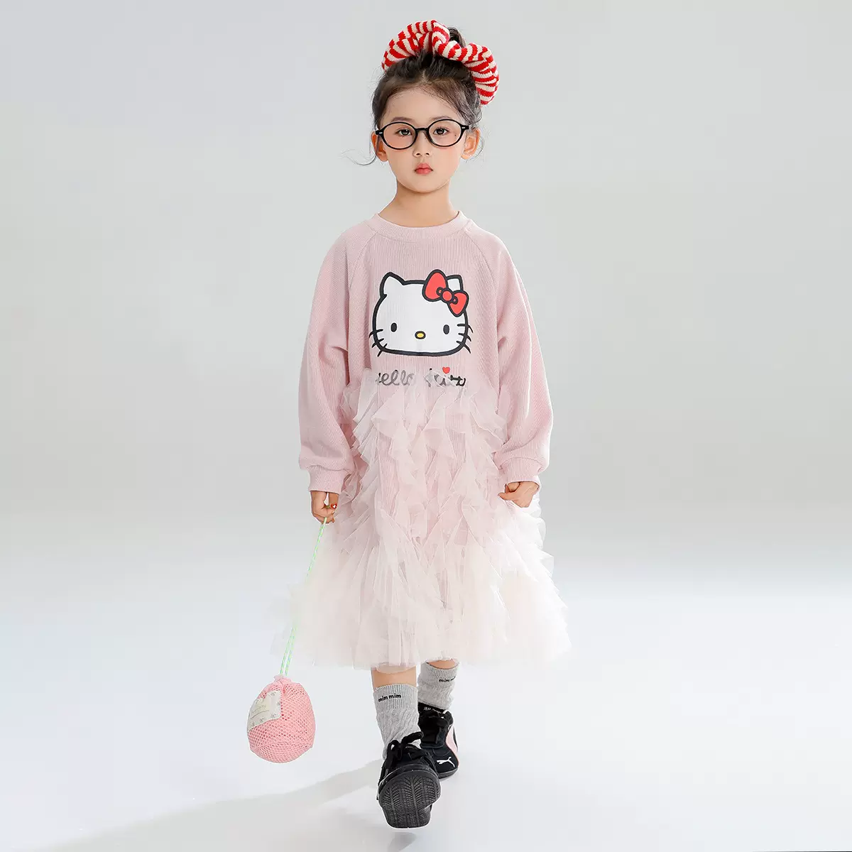 HelloKitty女童秋季连衣裙2025新款甜美风网纱拼接中大童装连衣裙