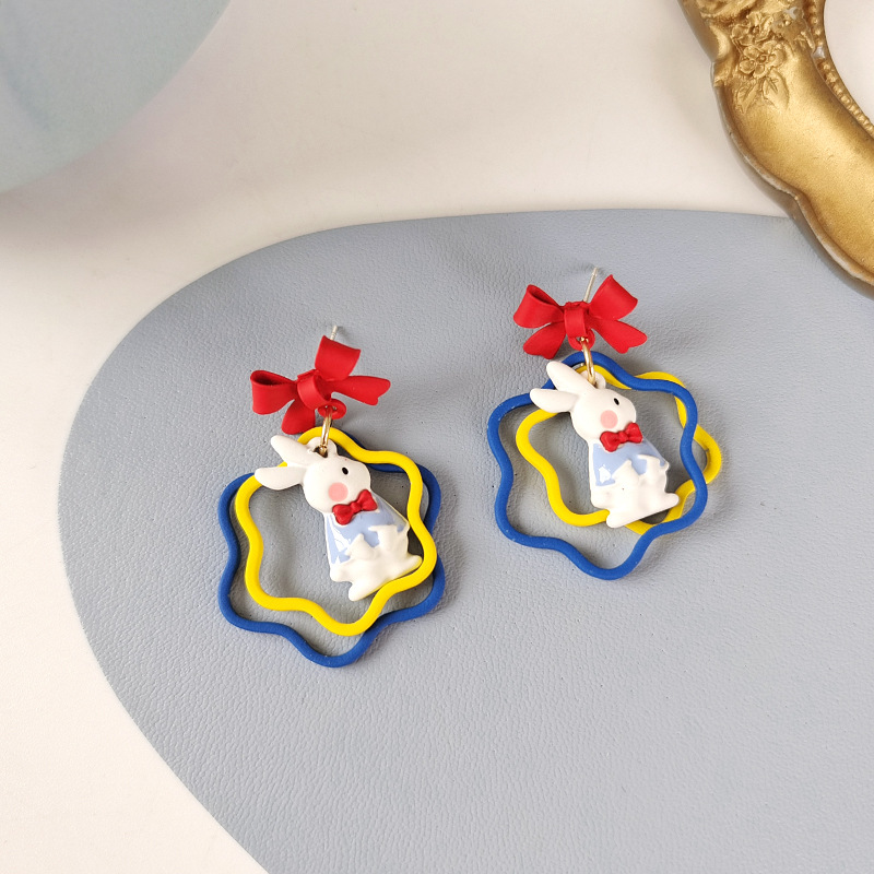 Rabbit, Bow Knot Pattern Women'S Gender Cute Rabbit Bow Knot Alloy Enamel Stoving Varnish Earrings