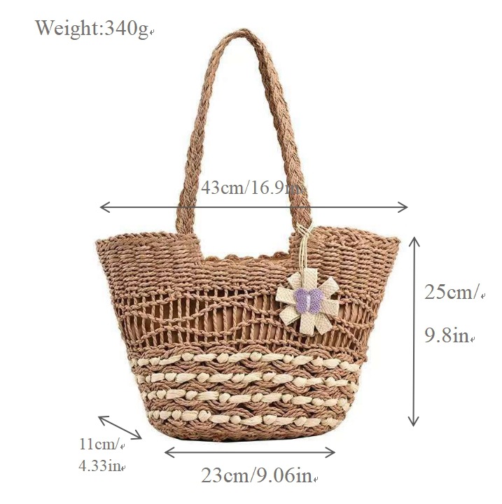 Hollow Out Zipper Straw Woven Bag For Women, Beach Vacation Lazy Style Handmade Large Capacity Shoulder Beach Tote Bag - Thumbnail 7