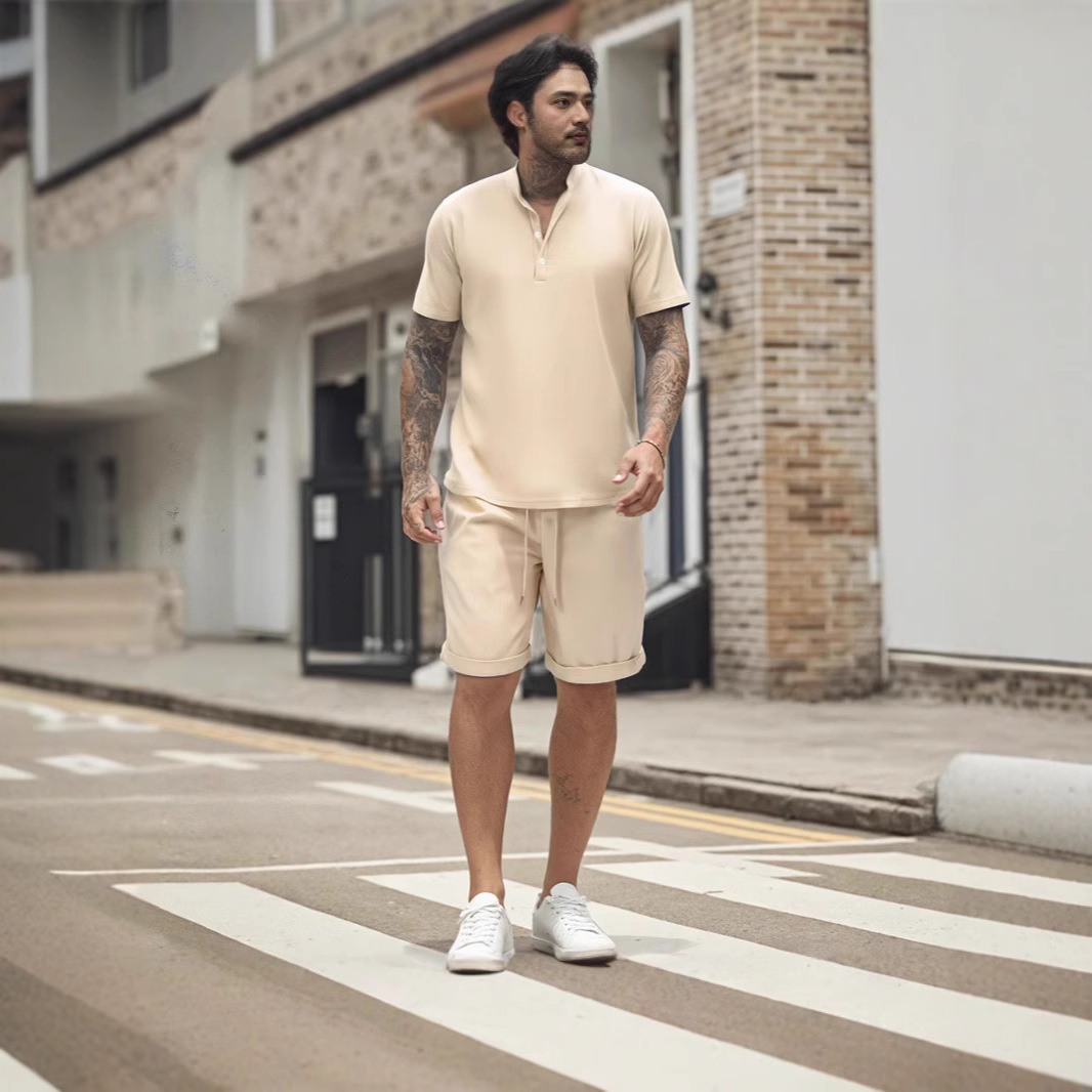 Cross-Border Summer New European And American Men's T-Shirt Henley Shirt Casual Loose Shorts Short-Sleeved Solid Color_voghion.com