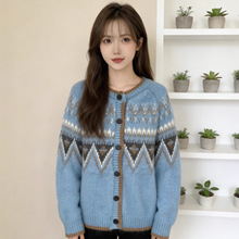 复古几何提花毛衣女秋冬马海毛费尔岛针织开衫宽松慵懒风毛衣外套