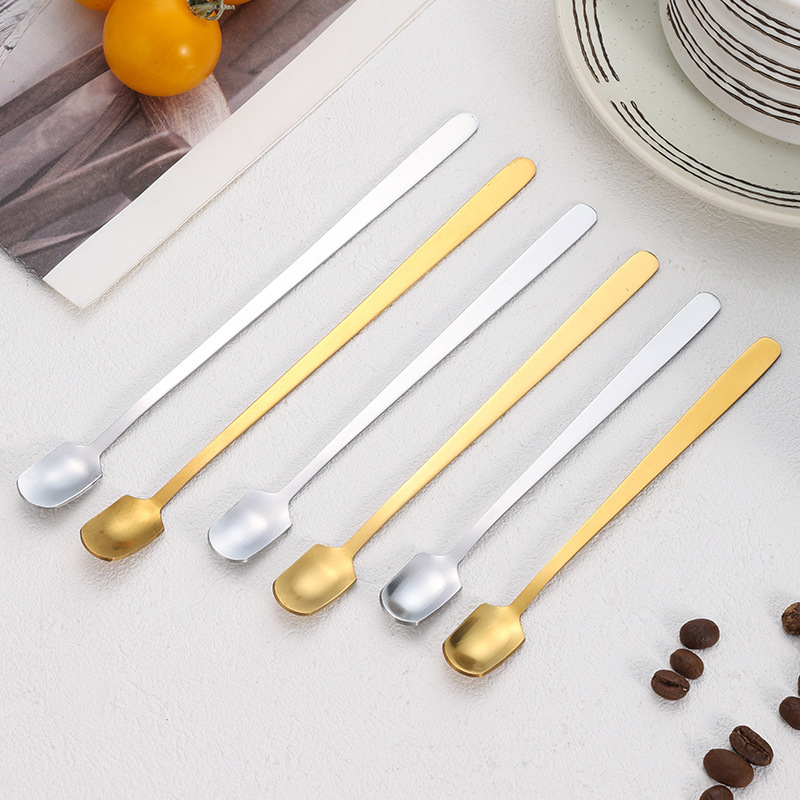 Stainless Steel Spoon Square Head Spoon Household Long Handle Stir Coffee Tea Sugar Glass Cup Spoon Mug Formula Head Spoon