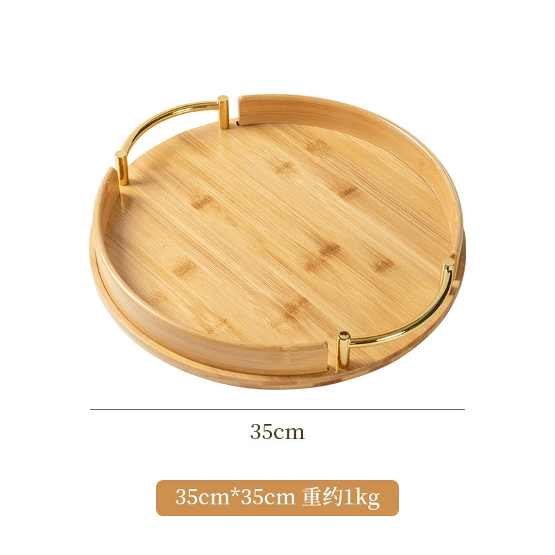 Bamboo serving tray, round with handles, wood‑tone finish, 25/30/35 cm