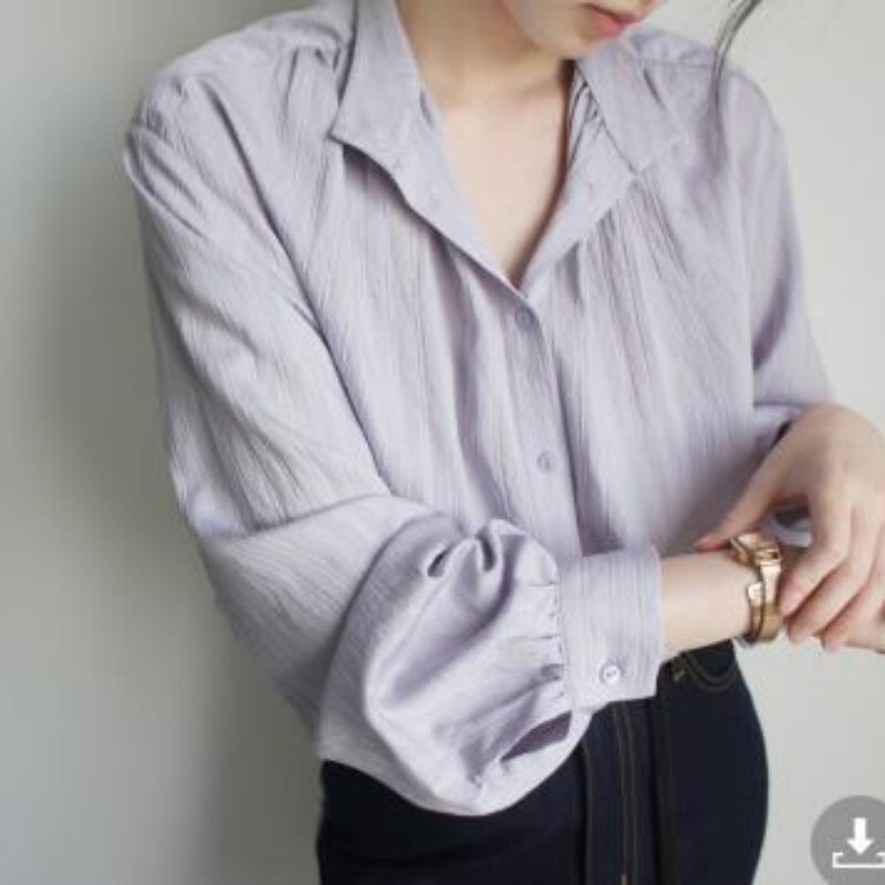 Gentle Retro Soft Mist Purple Pleated Dark Stripesd Stand-up Collar Long-sleeved Shirt for Women Autumn New Fashionable and Chic Shirt