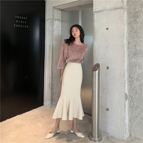  New Knitted Skirt Women's Spring Mid-Length Hip-covering Fishtail Skirt High Waist A-Line Versatile Wool Long Skirt