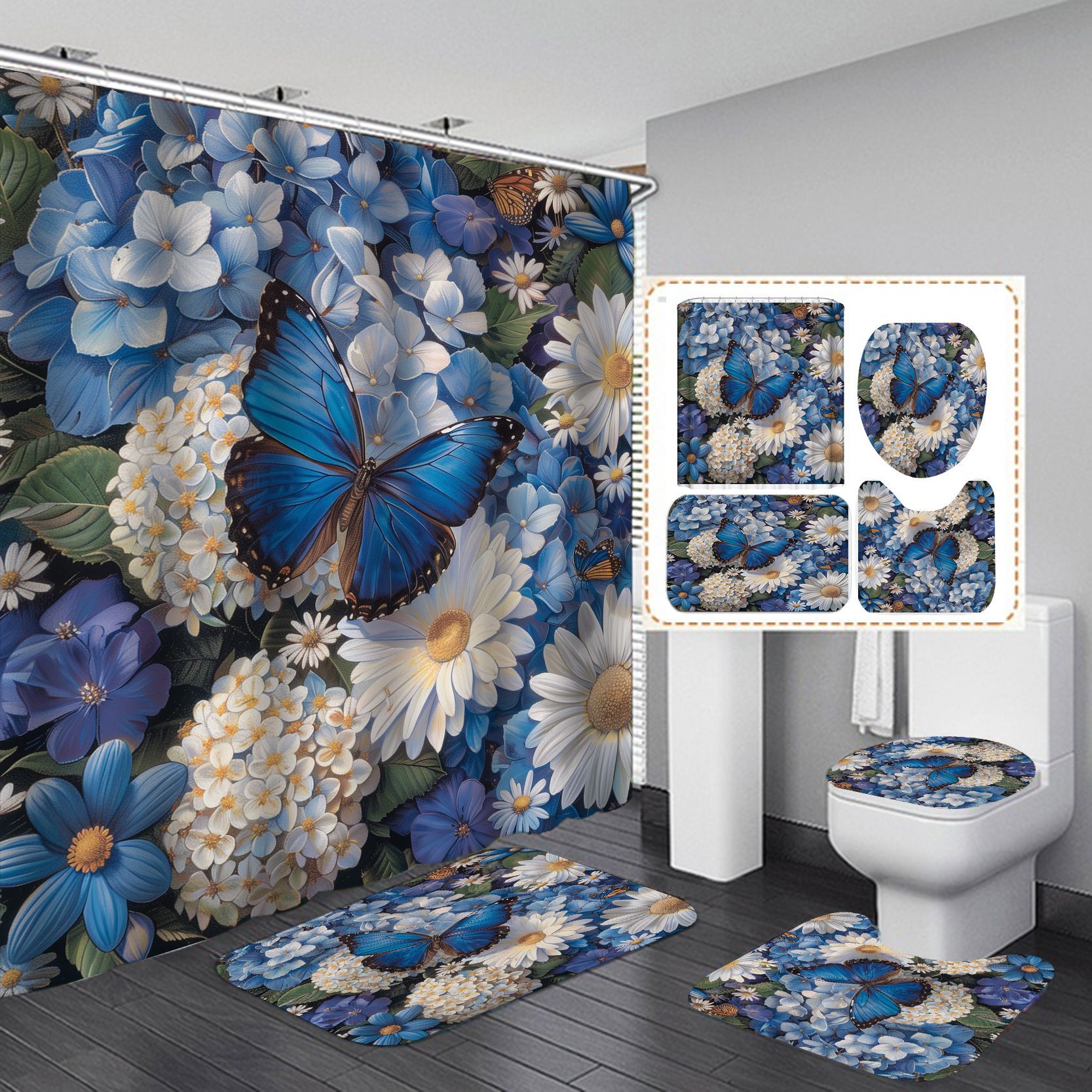 Flor de mariposa impresa cortina de baño a prueba de agua a prueba de moho nuevo tipo de tela retro sin perforación baño cortina de baño
