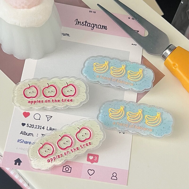 Summer Fine Powder Apple Banana Acrylic Oval Hairpin Ins Girl's Heart Cute Bangs Side Clip Fruit Clip