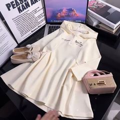 女孩春季洋气卫衣T恤公主裙中大童纯色连帽衫春秋新款简约连衣裙