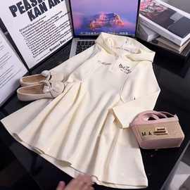 女孩春季洋气卫衣T恤公主裙中大童纯色连帽衫春秋新款简约连衣裙