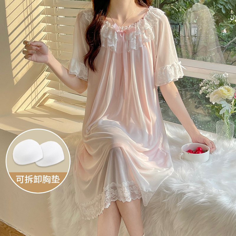 2025 Pure Cotton Nightgown for Women Summer Short-Sleeved New Pure Lust Style Sexy Lace Mesh Pajamas with Chest Pad 8822-1 Pink