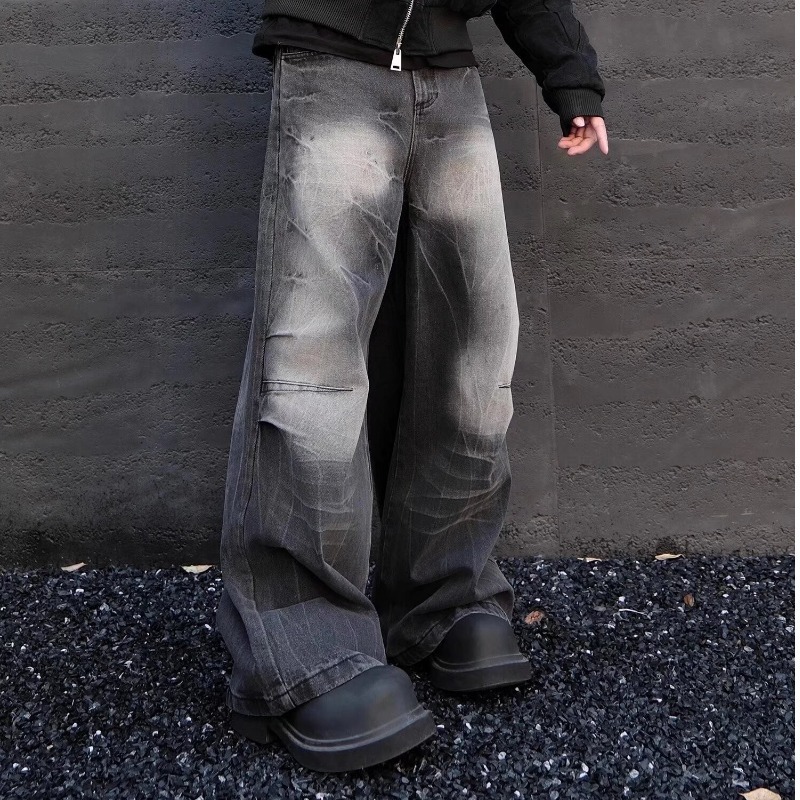 2025 Spring And Autumn American High Vintage Distressed Dyed Paris Ripped Jeans Men's Street Straight Loose Flared Pants_mkmklike.com