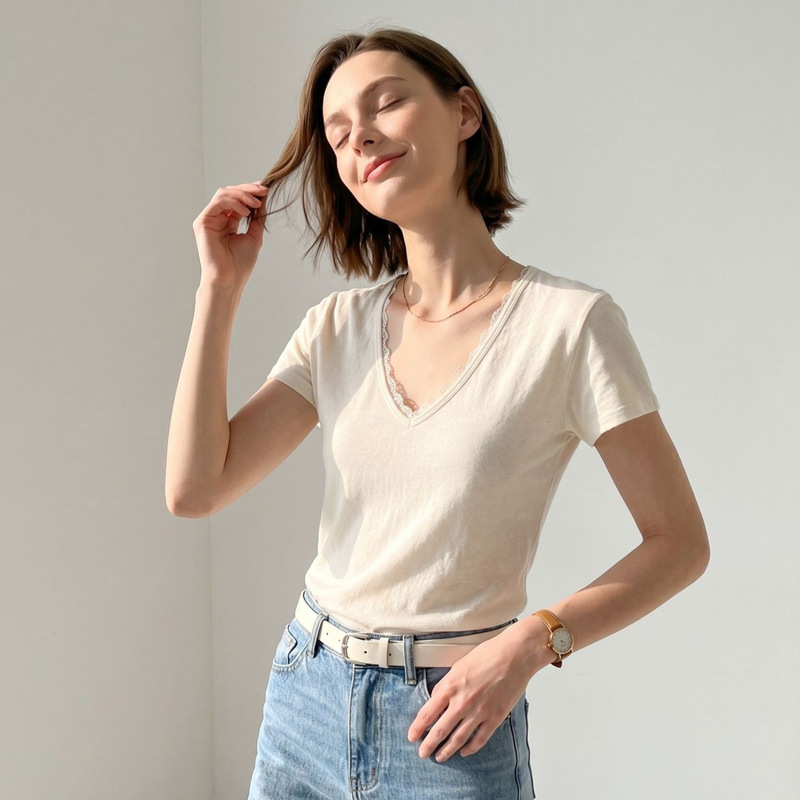 Md26 New Summer T-Shirt French Resort Style Solid Color V-Neck Lace Detail Short-Sleeved T-Shirt 06280350800