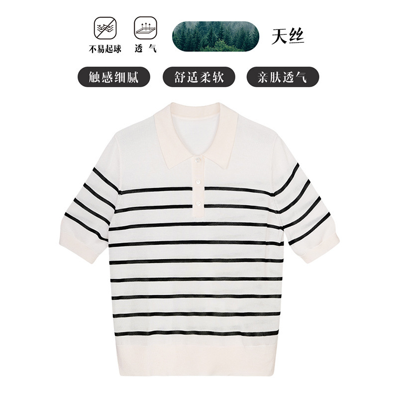 100 Tencel Lythel Classic Striped Knit Sweater Women's Summer Thin Light Mature Money Style Short Sleeve Polo Collar Top