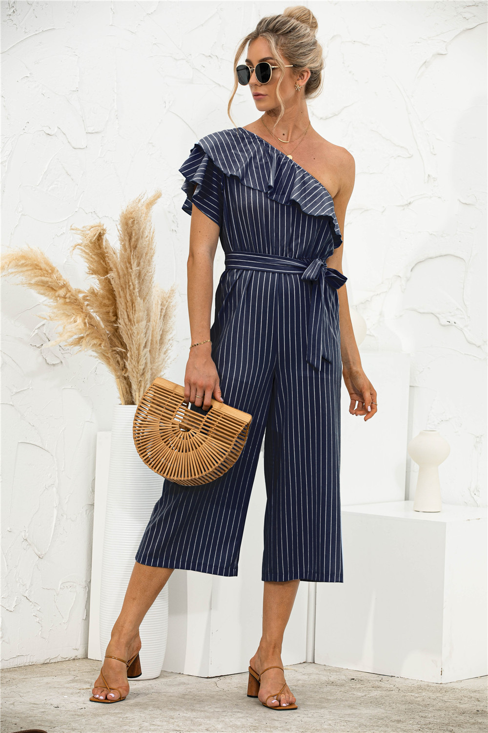 Oblique Shoulder Ruffles Striped Jumpsuit - Jumpsuits & Rompers - Uniqistic.com