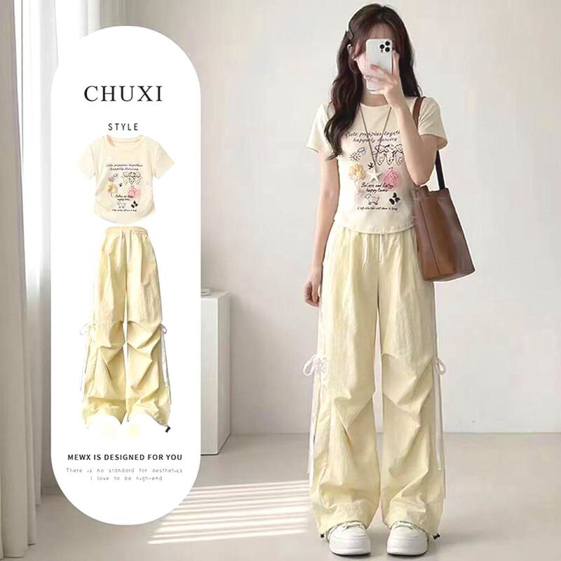 Junior High School Student Fashion Set: Girl's Versatile Short-Sleeve T-Shirt and High-Waisted Cargo Pants Summer Two-Piece Set