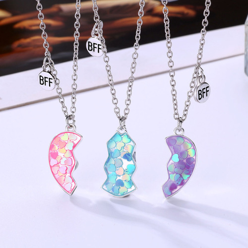 Cross-border hot selling best friends three best friends children's necklace alloy sequins love pendant magnet stone necklace set