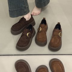 复古松糕厚底乐福单鞋女2025秋季新款全包勃肯鞋魔术贴棕色小皮鞋