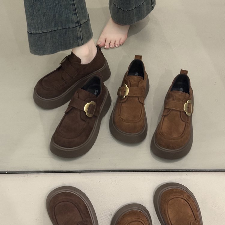 复古松糕厚底乐福单鞋女2025秋季新款全包勃肯鞋魔术贴棕色小皮鞋|undefined