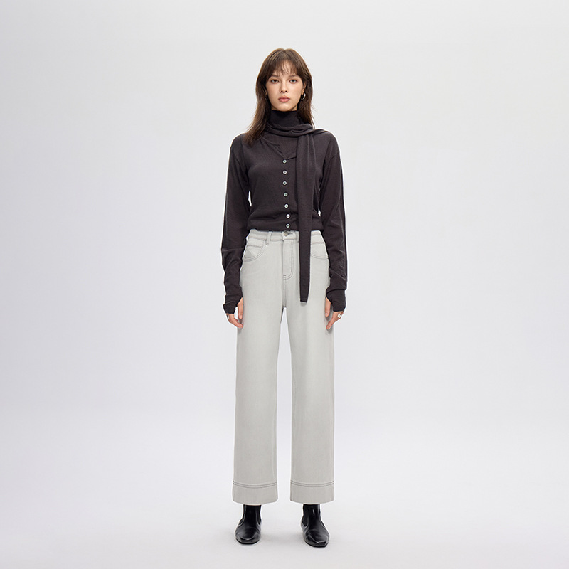 Mbb Four-Way Stretch Silver Gray Nine-Point Straight Pants for Women 2025 Autumn High-Waist Slim Loose Wide-Leg Jeans