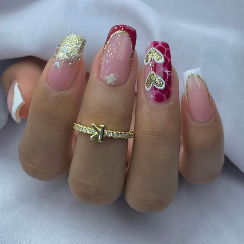 Platinum French-Style Medium-Sized Red Cracked Heart Design Valentine's Day Wearable Nail Art Nail Tips Fake Nail Stickers Platinum French-Style Medium-Sized Red Cracked Heart Design Valentine's Day Wearable Nail Art Nail Tips Fake Nail Stickers