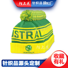 腈纶提花针织帽子定制logo 翻边带球刺绣毛线帽厂家 球迷针织帽