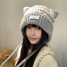 可爱猫耳朵费尔岛风毛线帽女款冬季加绒保暖包头帽显脸小针织帽子