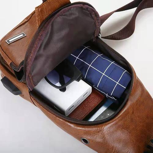 Export Trade Crossbody Men's Bag USB Charging Cross-border Europe and America PU Chest Bag Simple Men's U Casual Trendy Shoulder Bag Men's 
