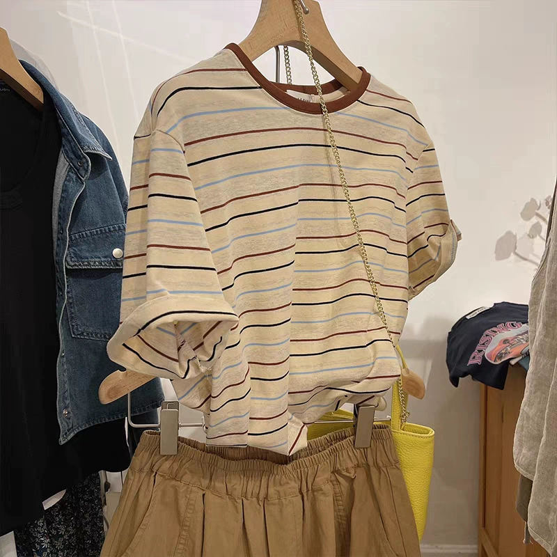 Американская винтажная дизайнерская полосатая хлопковая футболка с короткими рукавами для женщин, летняя свободная толстая девушка мм, модный топ в стиле ретро