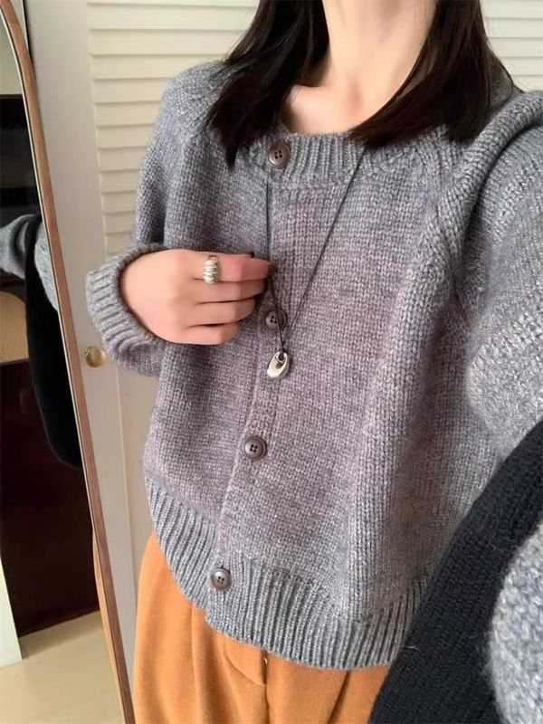 韩系温柔软糯圆领100羊毛开衫女装秋冬新款宽松慵懒羊绒衣外套|undefined