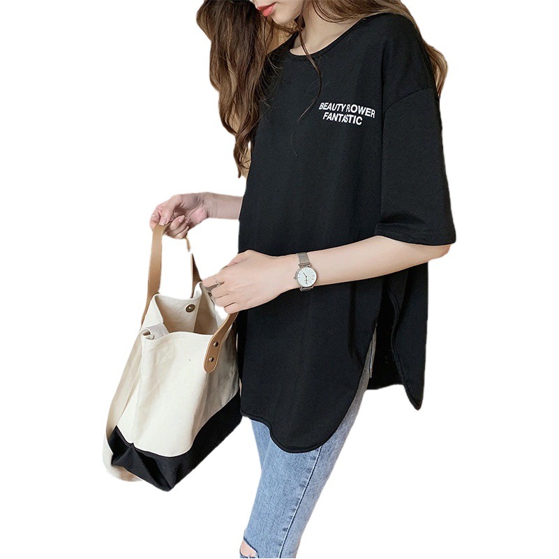 Japonés y coreano verano nueva moda letra impresa Camiseta de manga corta suelta de las mujeres perezoso superior media manga camiseta camisa de fondo image 1