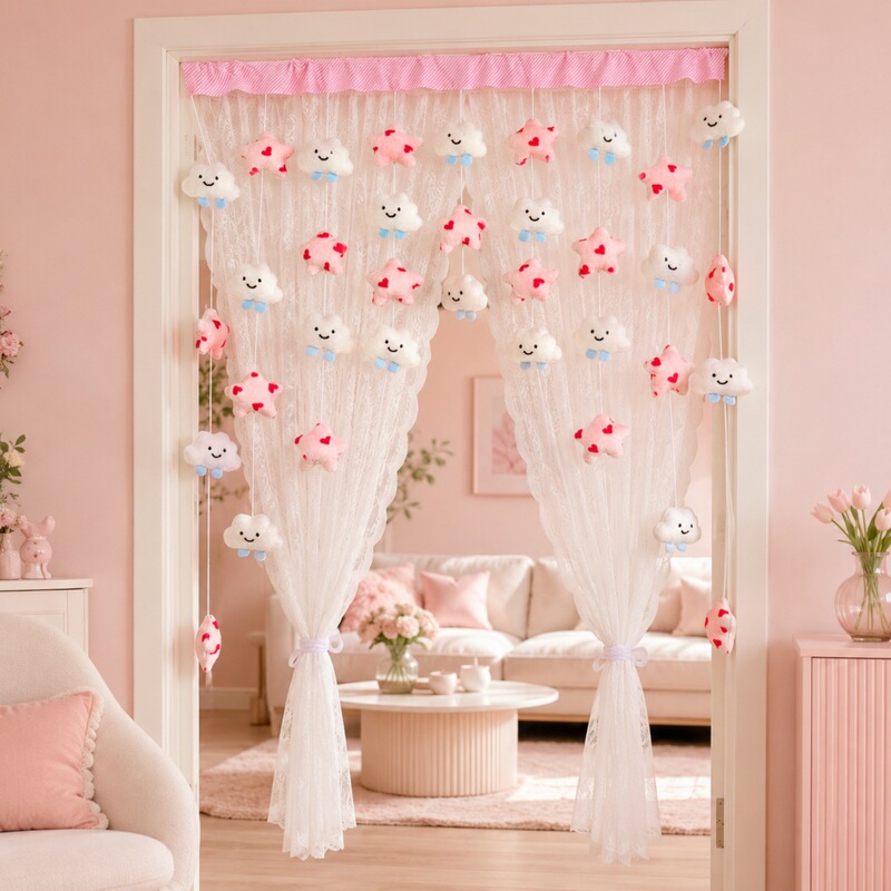Heart-To-Heart Creative Plush Pom-Pom Door Curtain, No-Punch Hanging Heart Beaded Curtain for Bedroom Entrance Heart-To-Heart Creative Plush Pom-Pom Door Curtain, No-Punch Hanging Heart Beaded Curtain for Bedroom Entrance