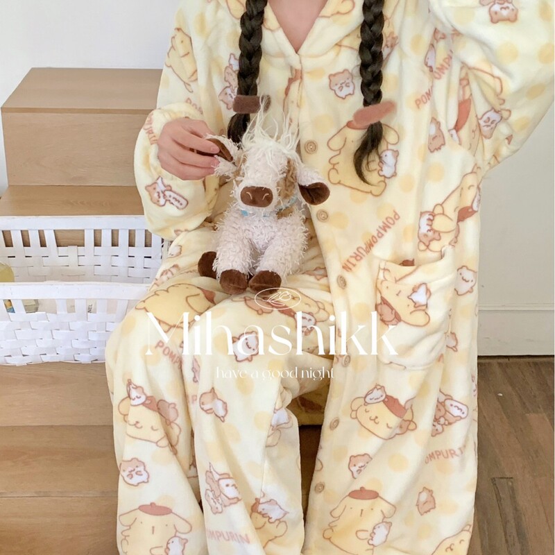 Mihashikk Creamy Yellow Dog Fall/Winter Flannel Nightgown Thickened and Comfortable Girl's Trousers Home Clothes Pajamas