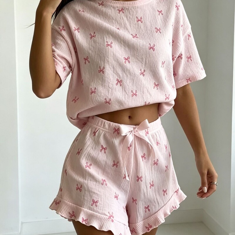 New Russian European and American style spring-summer casual women's home wear, bow print short-sleeve lace shorts comfortable pajamas