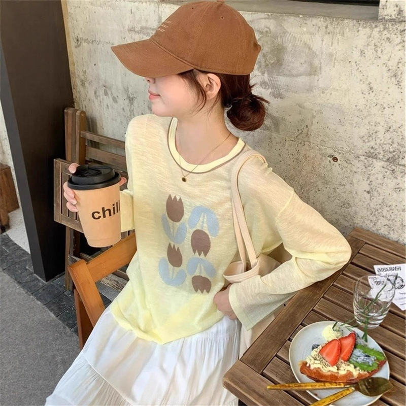 Original Fabric Yellow Round Neck Flower Print Sun Protection Long-Sleeved T-Shirt Women's Summer Thin Loose Blouse Air-Conditioned Top