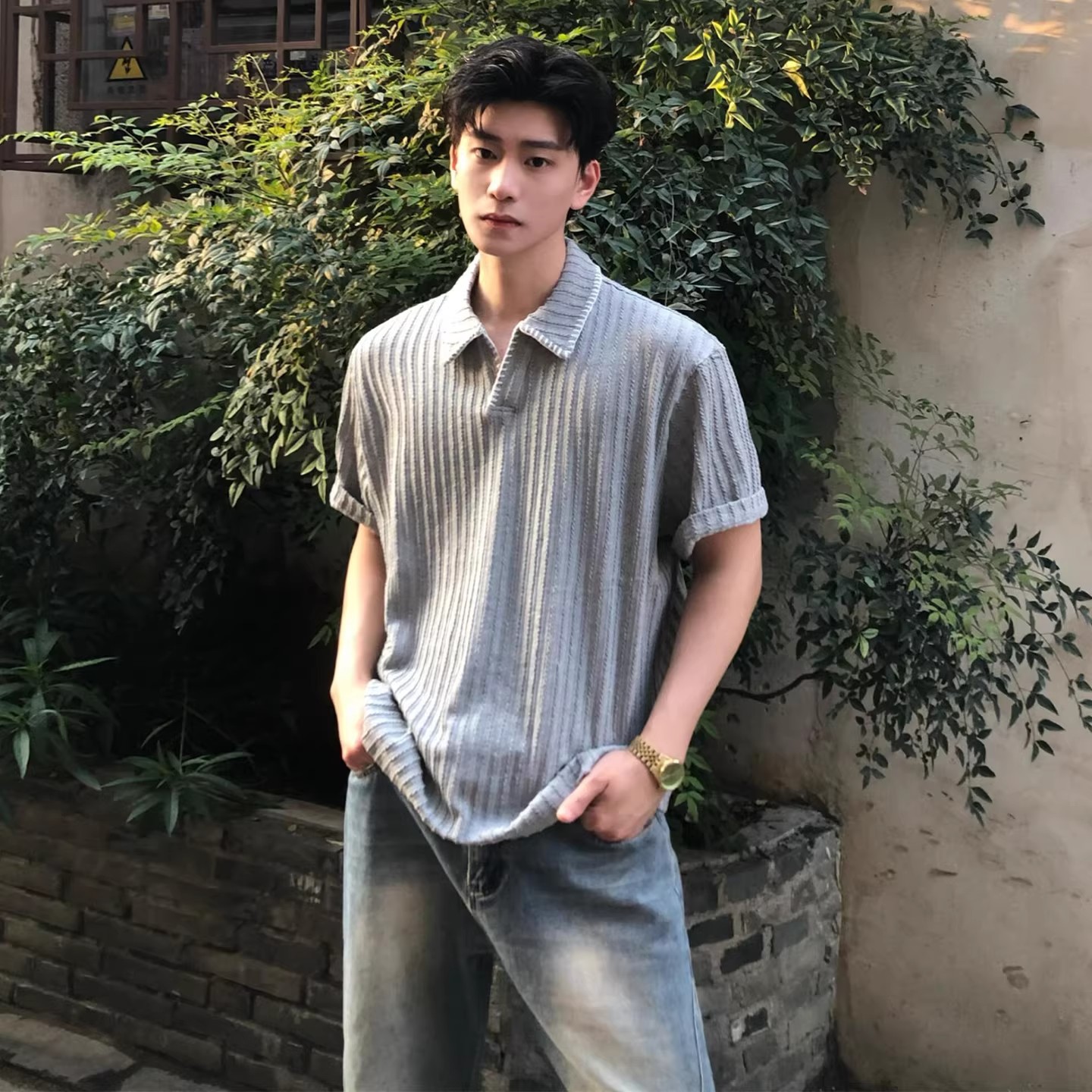手缝线老钱风v领针织短袖男夏季薄款人夫感穿搭半袖t恤美式Polo衫