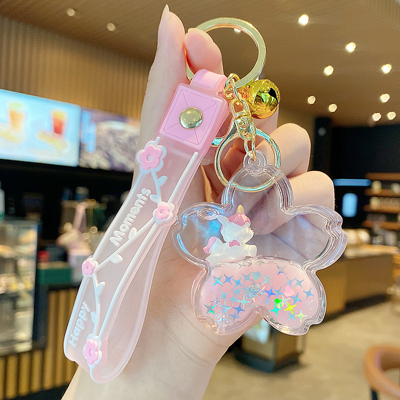 Púrpura estrella de cinco puntas líquido Quicksand llavero chica corazón flor de cerezo aceite colgante lindo tridimensional mochila adornos para mujeres