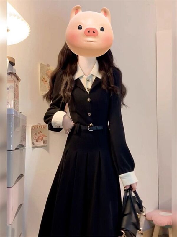 黑色假两件连衣裙子女秋冬季2025新款高级感教资面试通勤气质长裙|undefined