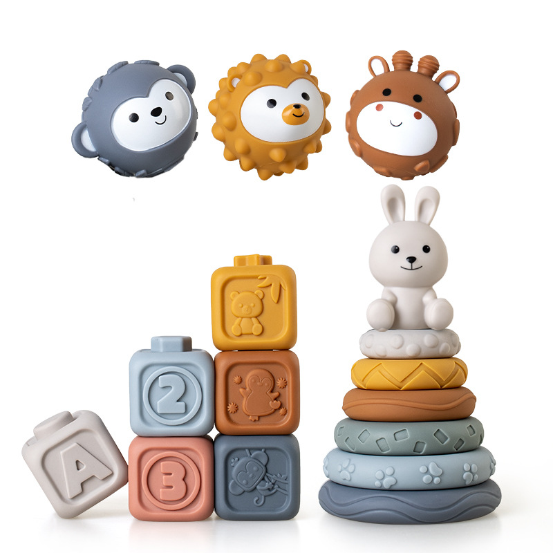 Juguetes transfronterizos de agarre de mano para bebés y niños pequeños, bloques de bloques de goma suave, círculos apilados, pellizcos para bebés, juguetes apilados de bolas image 23