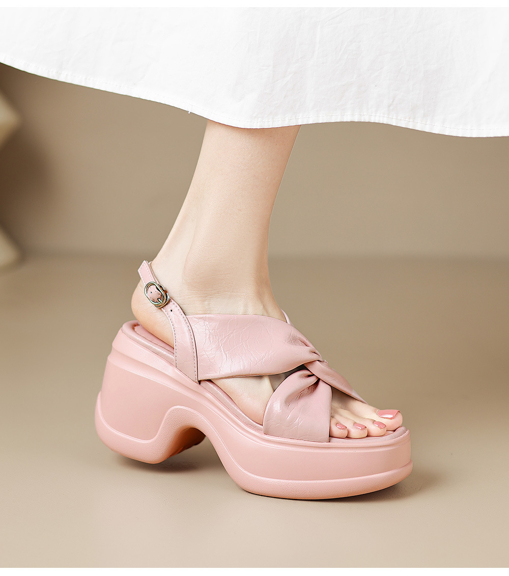 Sandal nữ đế xuồng cao gót quai chéo hở mũi phong cách La Mã — Hồng nhạt, màu trắng ngà chi tiết 14