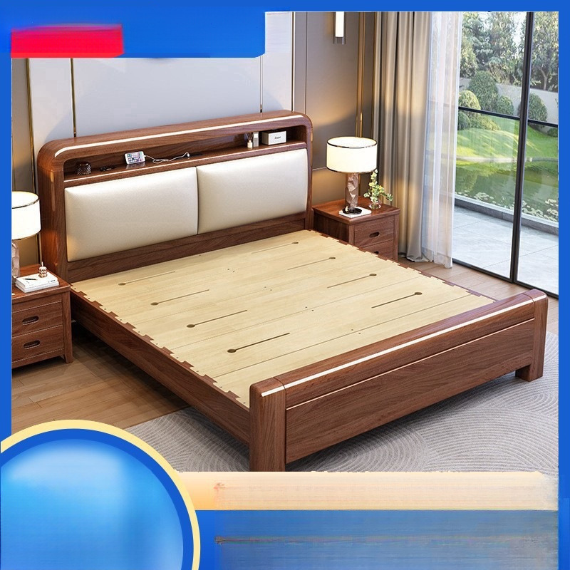 New Chinese Modern Light Luxury Solid Wood Bed 1.5m Double Bed 1.8m Home Bedroom Storage Wedding Bed