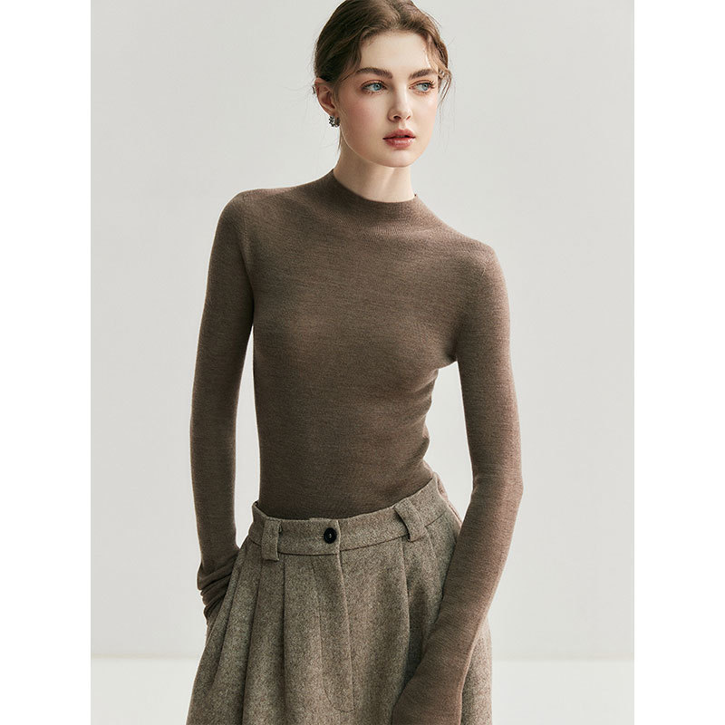 French Style Brown Half Turtleneck Long-Sleeved Bottoming Shirt for Women in Autumn and Winter Maillard Layered with Slim Knitted Sweater