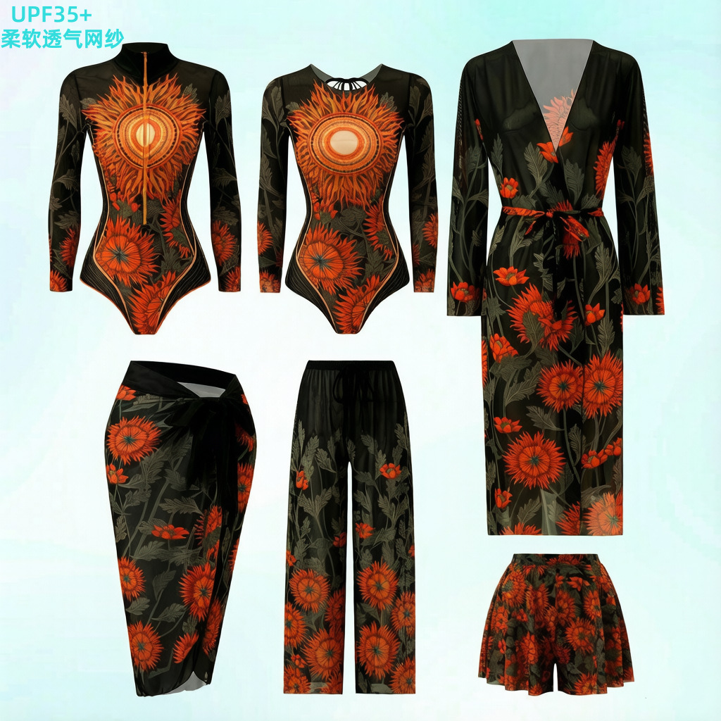One-Piece Long-Sleeved Sun-Protective Swimsuit Six-Piece Set with Mesh Pants Russian Swimsuit for Women