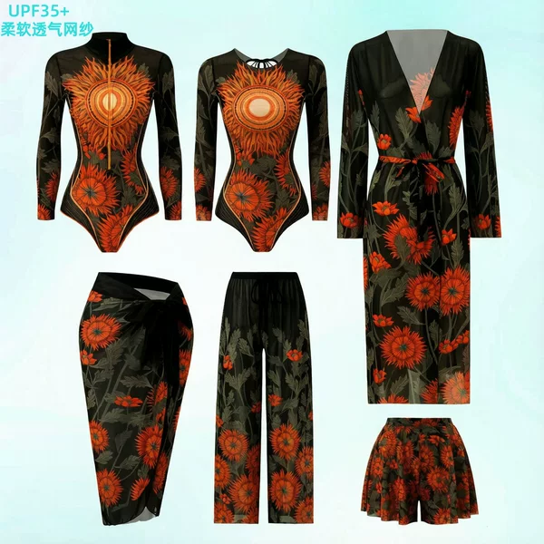 One-Piece Long-Sleeved Sun-Protective Swimsuit Six-Piece Set with Mesh Pants Russian Swimsuit for Women