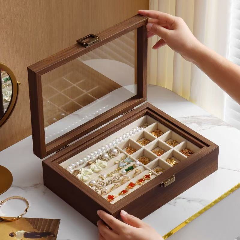 2025 New Jewelry Storage Box Multi-functional Necklace Earrings Jewelry Box with Lid Dustproof Bracelet Black Walnut Color 2025 New Jewelry Storage Box Multi-functional Necklace Earrings Jewelry Box with Lid Dustproof Bracelet Black Walnut Color