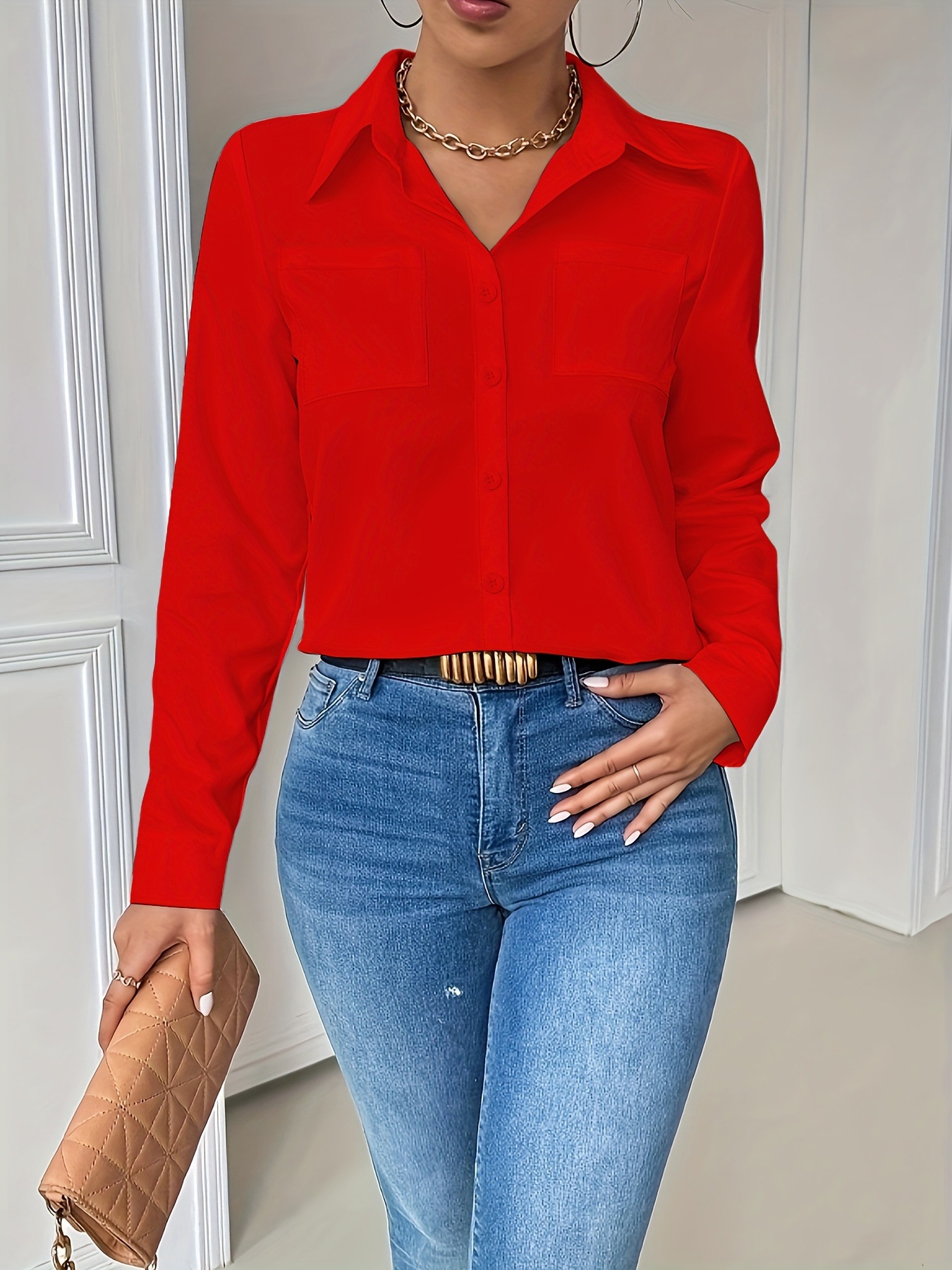 Women’s Loose Fitting Long Sleeved Collared Blouse With Pockets_voghion.com