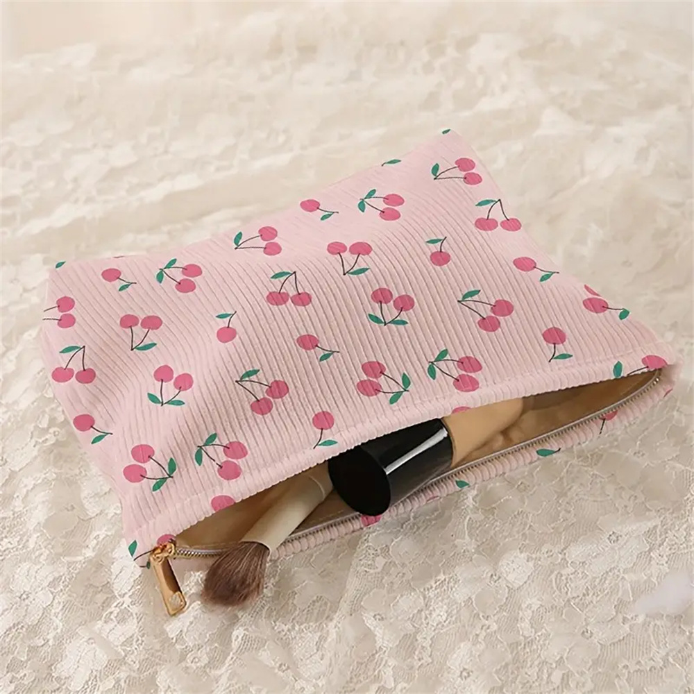 Cherry Pattern All Seasons Season Unisex Gender Elegant Streetwear Cherry Corduroy Square Makeup Bags