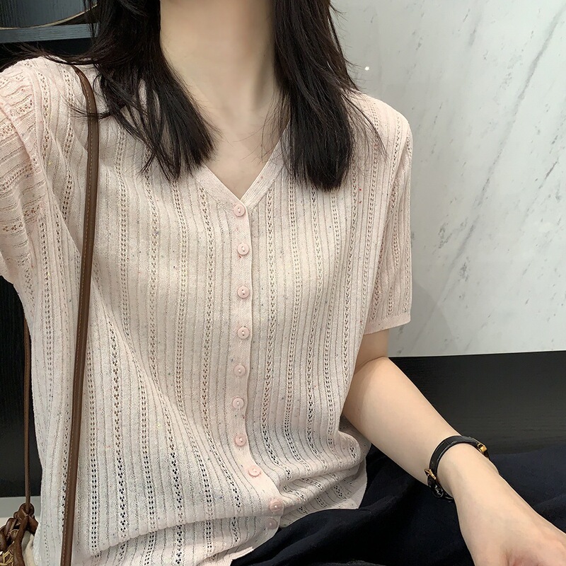 Xiaoxia! 7-Color Tie-Dye! Lyocell+Linen/Hollow Jacquard Texture V-Neck Short-Sleeve Knit Cardigan for Women Xiaoxia! 7-Color Tie-Dye! Lyocell+Linen/Hollow Jacquard Texture V-Neck Short-Sleeve Knit Cardigan for Women