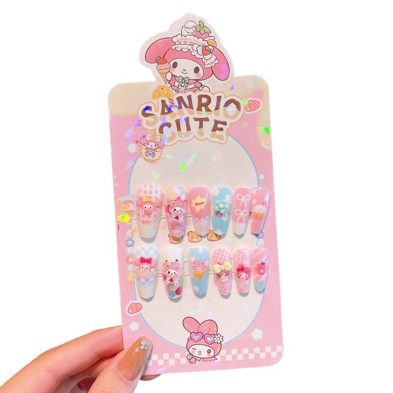 Koolomi niños largos desmontables desgaste de uñas de niñas dibujos animados uñas pequeñas princesas uñas