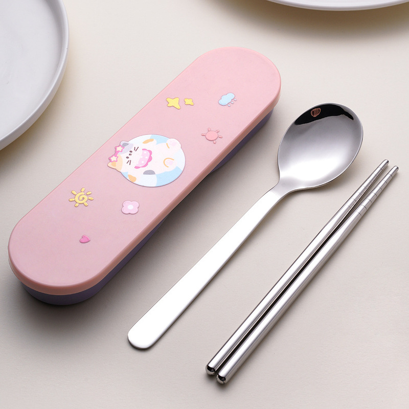304 ステンレス鋼 DIY 便利な食器セット学生や子供のための屋外米付きかわいい漫画スプーンと箸 2 点セット|undefined