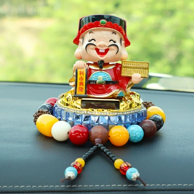 Car ornaments: Shaking God of Wealth Solar Five-Way - solar-powered-god-of-wealth-blue-diamond-beilu-god-of-wealth-bodhi-gear-beads